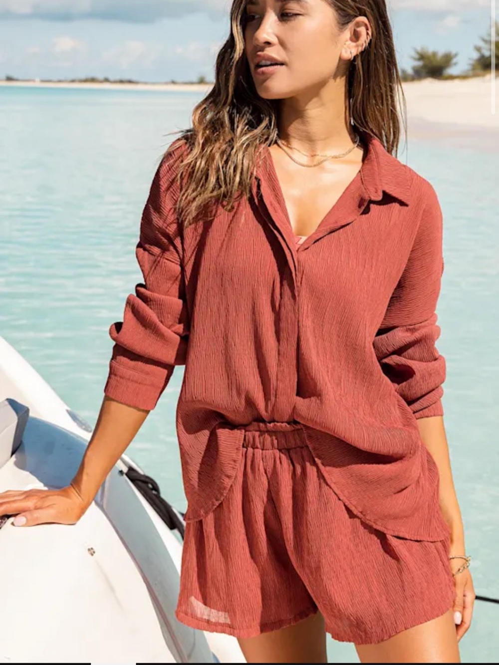 Lulu's Rust-Red Textured Swim Cover-Up Set